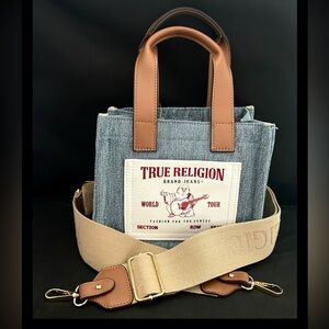 TRUE RELIGION MINI LOGO TOTE BAG- CROSSBODY- DEMIN - NWT- REMOVABLE STRAP BUDDHA